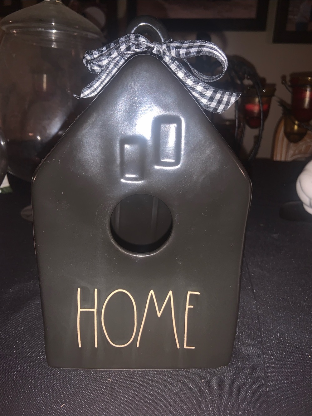 Rae Dunn Black Ceramic House Accent with Gingham Bow